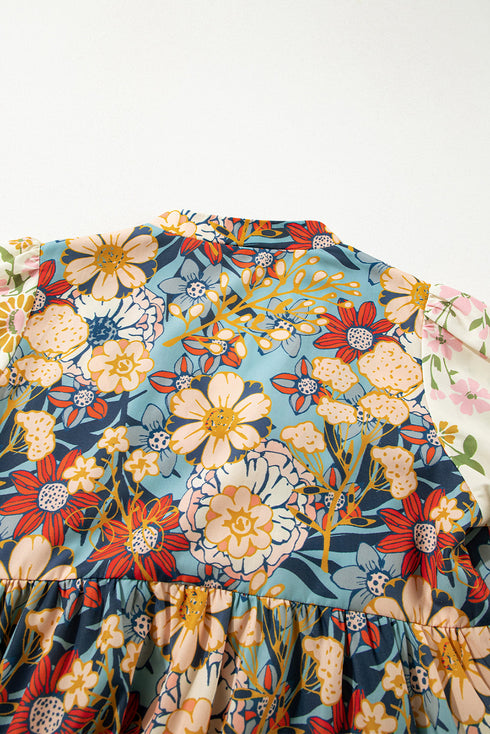 Multicolour Boho Floral Print Crochet Patchwork V Neck Loose Mini Dress